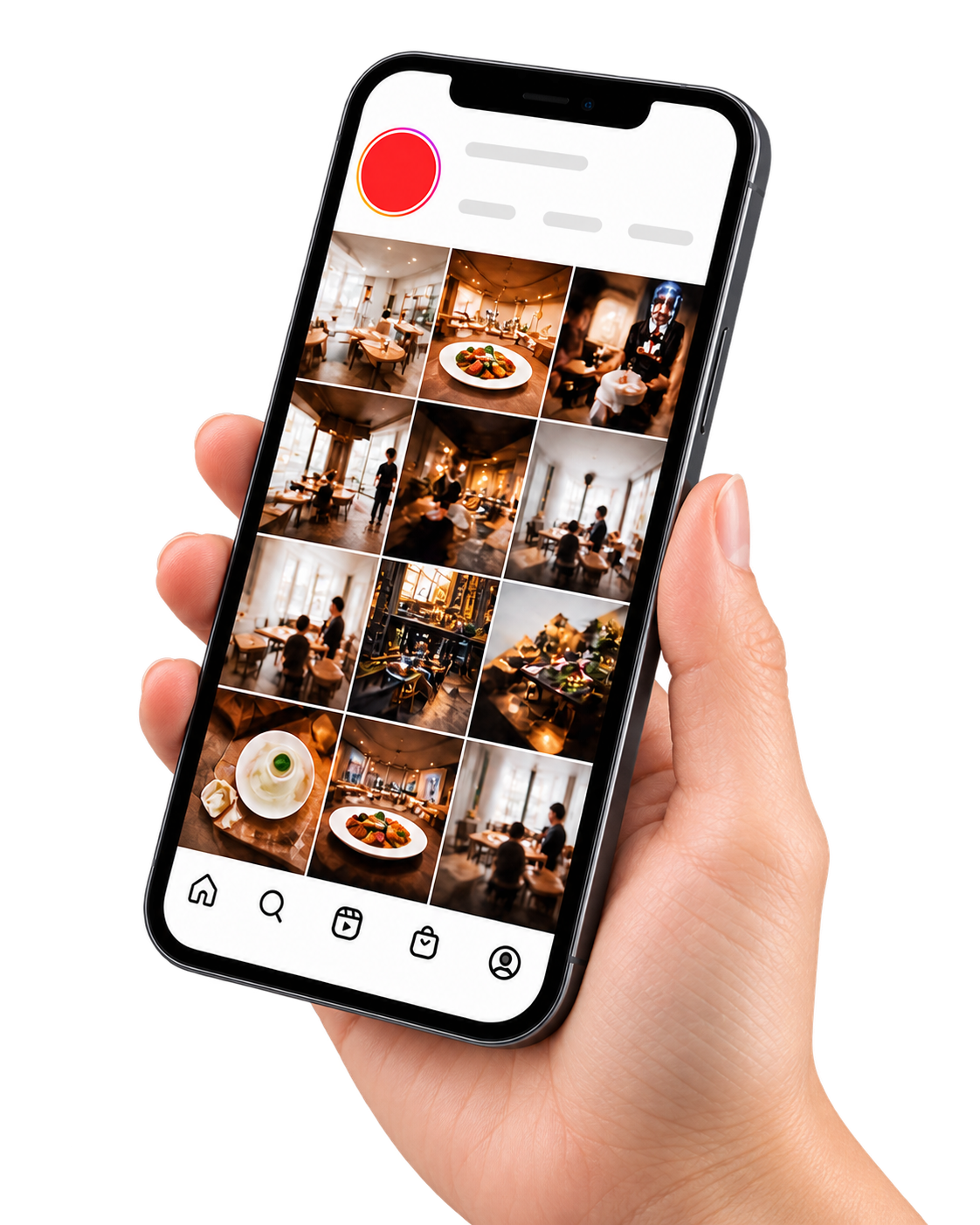 Instagram画面が表示されたスマートフォンを操作する手